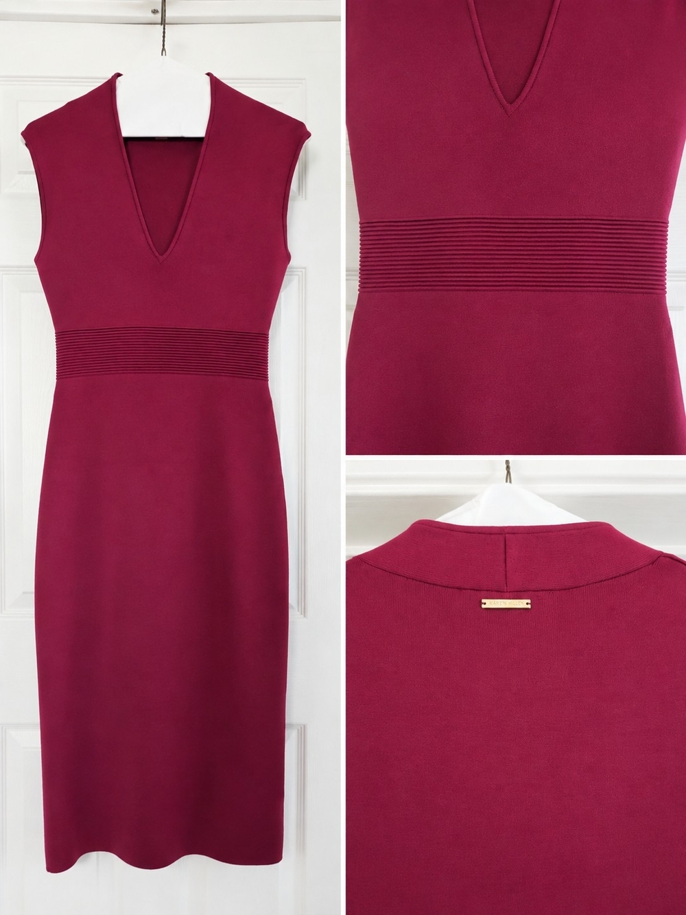 Michael Kors Berry V-Neck Ribbed-Waist Midi Dress